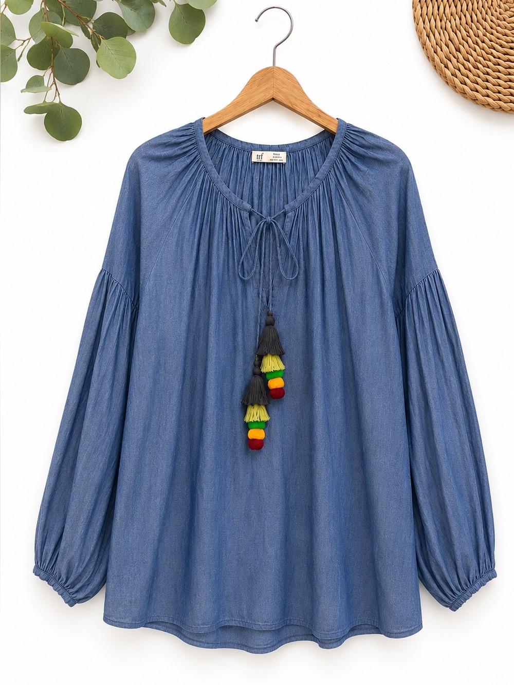Zara TRF Collection Boho Chambray Tassel Peasant Top Loose Fit Size Small